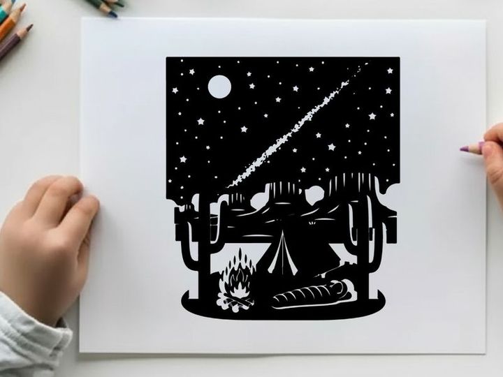 A desert camping scene with a shooting star streaking across the night sky