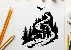 Hikers on a winding road with silhouette of a bird
