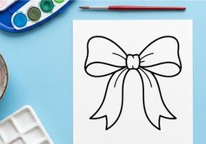 Hand drawn Christmas gift bow illustration, simple black outline ribbon for holiday decor.