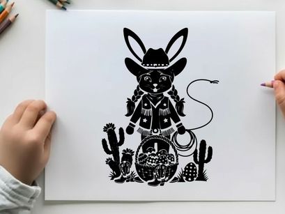 Silhouette of a cowboy rabbit with a whip and basket