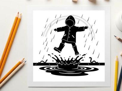 Silhouette of a child jumping in a puddle on a rainy day