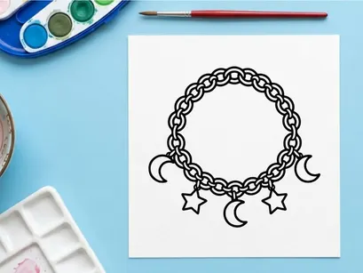 Hand-drawn Halloween charm bracelet with crescent moons and stars. Spooky season jewelry illustration for crafts, invitations, and decorations.