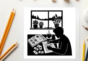 Silhouette of a person reading newspaper by the window with plants