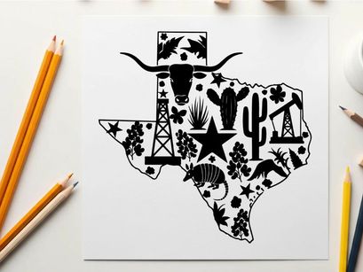 Texas silhouette with cowboy hat and western symbols