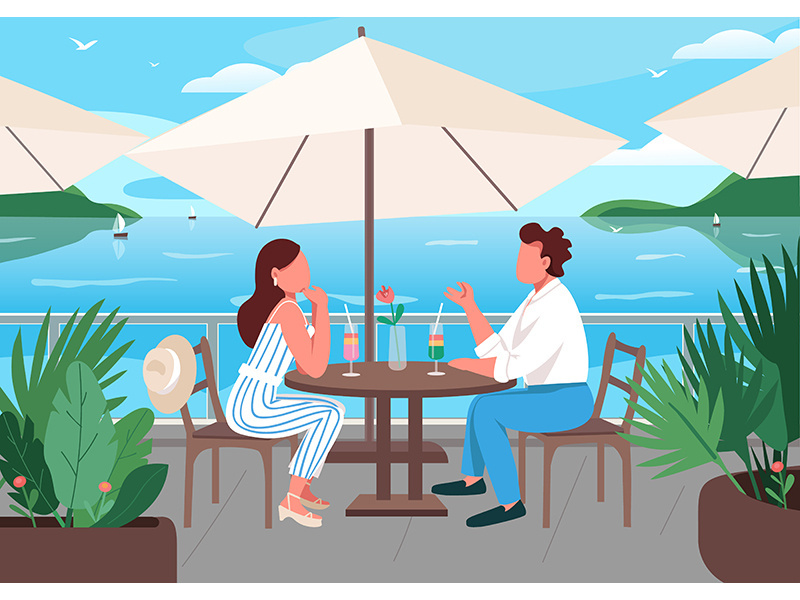Friends having breakfast in seaside resort cafe flat color vector illustration