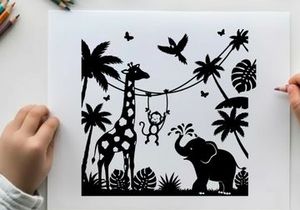 Silhouette of giraffe monkey elephant in tropical jungle scene