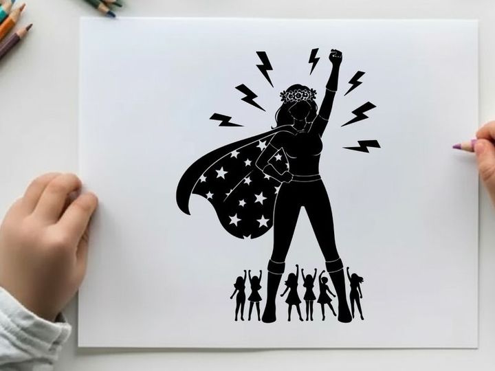 Superhero silhouette with cape and lightning bolts rising silhouette