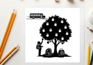 Silhouette of a child picking an apple from a tree near school buses