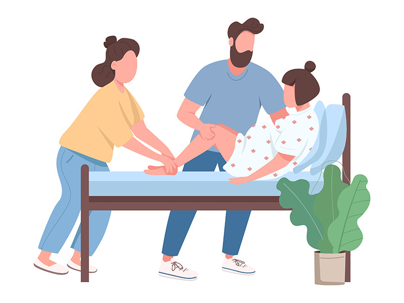 Woman deliver baby flat color vector faceless character