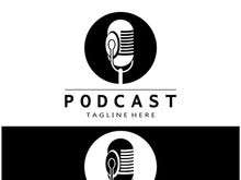 podcast logo with microphone and earphone audio, radio waves. for studio, talk show, chat, information sharing, interview, multimedia and web.