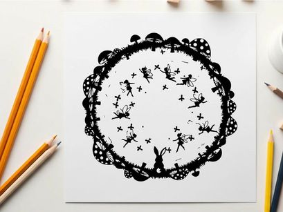 Abstract circular design with black ink splatters on white background