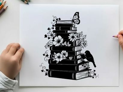 Silhouette of books with flowers butterfly and bird on a white background