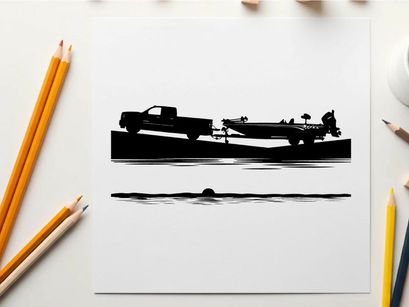 Silhouette of a pickup truck towing a boat on a trailer by the water