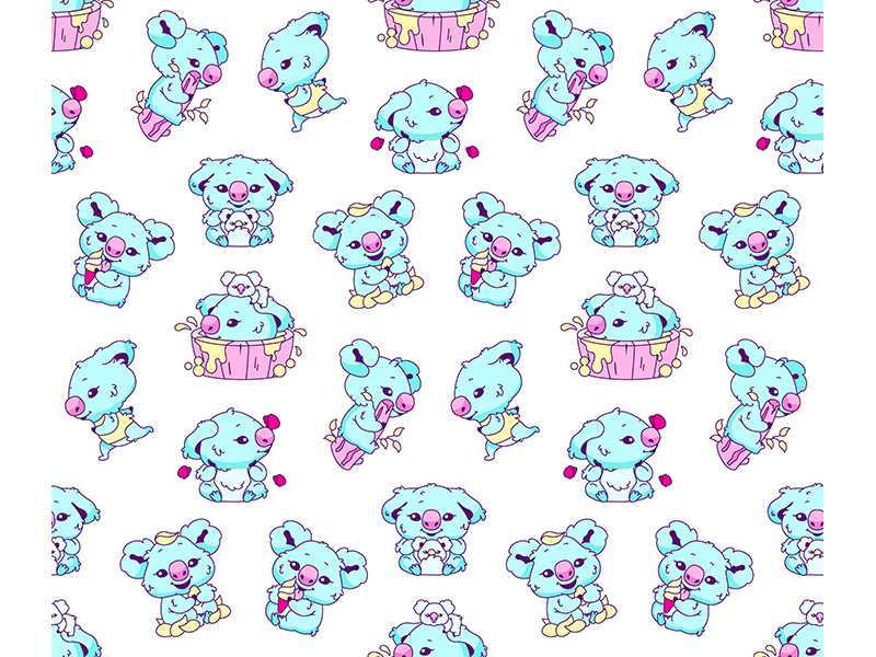 Cute koala kawaii color vector seamless pattern