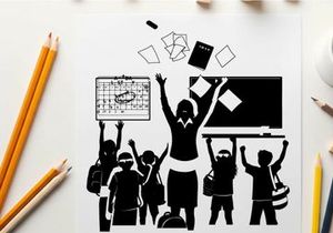 Silhouette of students and teacher celebrating in a classroom setting silhouette