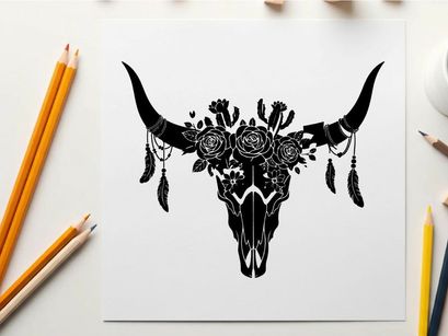 Bull skull silhouette with floral and feather adornments