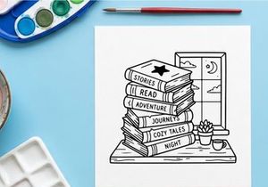 Pila de libros con tema acogedor de lectura junto a una ventana, ilustración de arte lineal dibujado a mano.