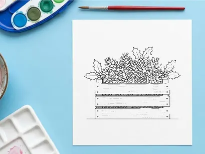 Christmas pine cones and holly leaves in a wooden crate line art illustration