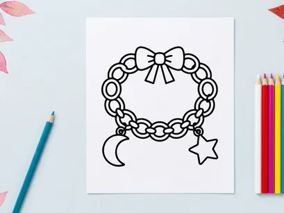 Hand-drawn Halloween charm bracelet with bow and star. Spooky jewelry illustration featuring crescent moon and dangling decorations.
