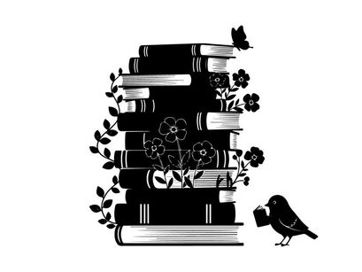Silhouette of books with flowers bird and butterfly