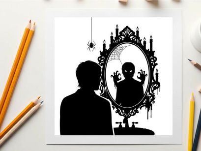 Silhouette of a man looking at a spooky mirror with silhouette reflection