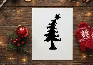 Black Christmas tree silhouette with star topper isolated on white background