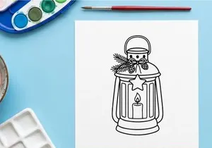 Christmas lantern line art illustration with candle and pine branch decoration