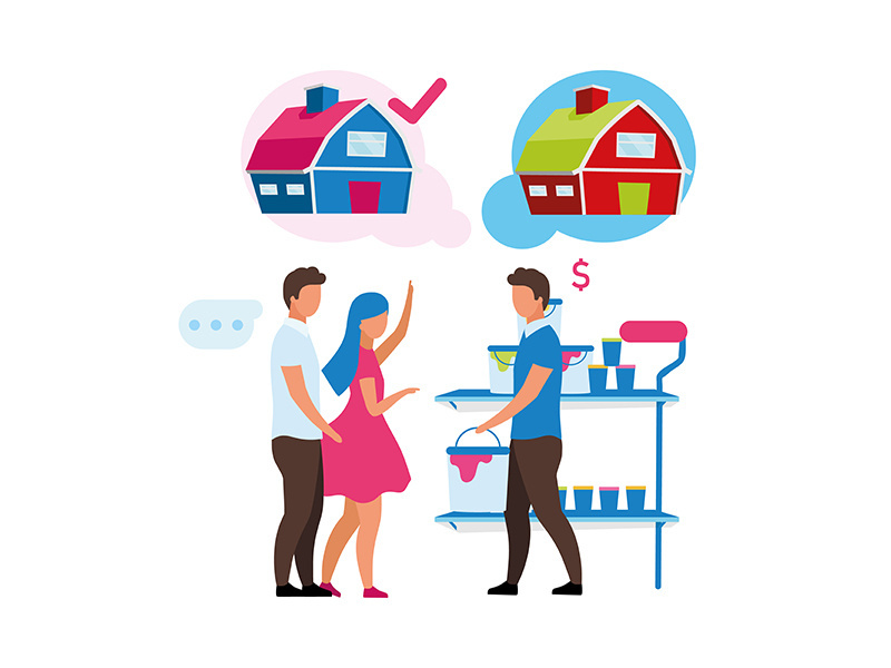 Shop assistant helping clients semi flat color vector characters