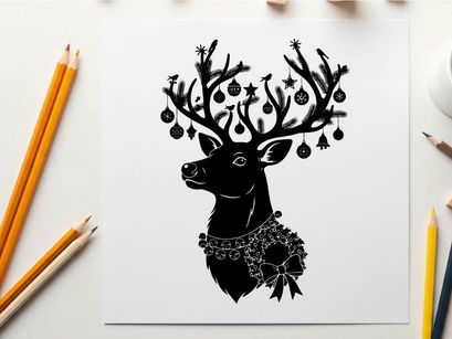 Christmas reindeer silhouette with ornaments and red nose