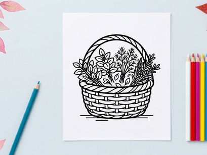 Hand-drawn Halloween wicker basket filled with autumn flowers. Vintage styled woven container holding seasonal blooms and foliage for fall decor.