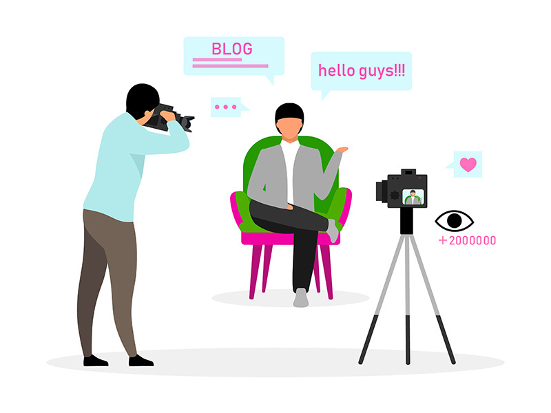 Shooting influencer video semi flat color vector characters