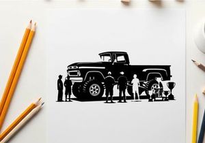 Silhouette of people standing next to a large pickup truck silhouette