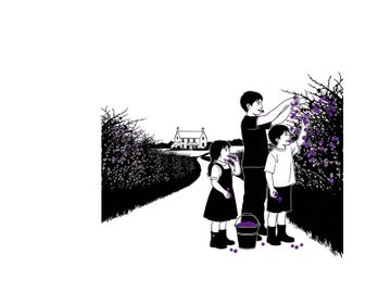 Children on a path with silhouette of boy picking flowers preview picture