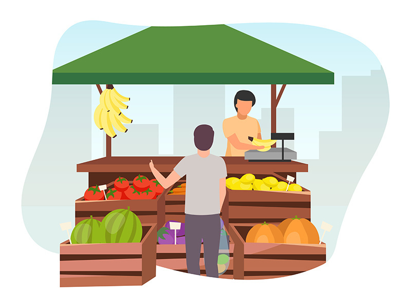 Fruits and vegetables market stall with seller flat illustration