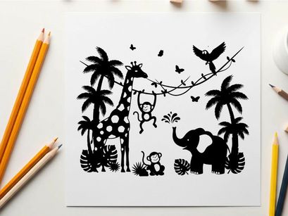 Jungle scene with silhouette animals and tropical plants