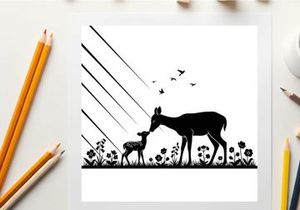 Mother deer and fawn silhouette in a field of flowers