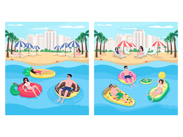 People floating on inflatables flat color vector illustration set preview picture
