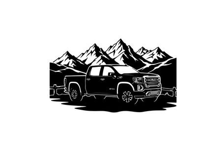 Silhouette of a pickup truck in front of mountains