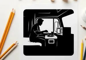 Silhouette of a man sitting in a camper van cooking