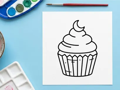 Hand-drawn cartoon cupcake with swirl frosting and crescent moon topping. Whimsical dessert illustration for baking, celebration, or sweet treat de...