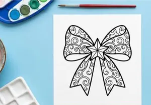 Christmas bow with star ornament line art illustration for holiday coloring page design