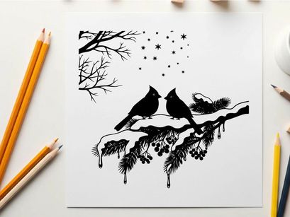 Silhouette of two birds on snowy pine branch with stars