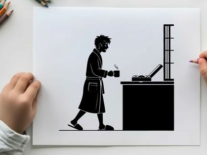 Man in silhouette walking with coffee by a desk