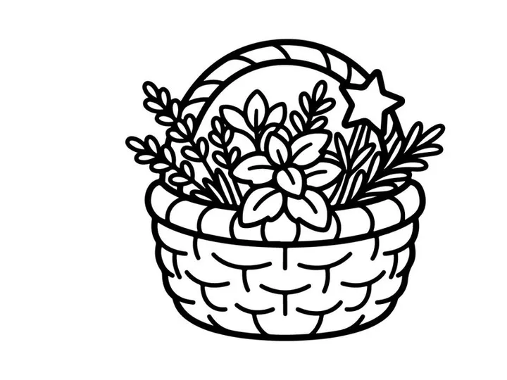 Hand-drawn Halloween basket with white flowers and stars. Vintage wicker trick-or-treat container filled with spooky floral decorations.