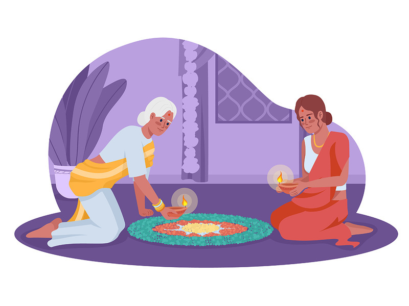 Women with oil lamps celebration Diwali 2D vector isolated illustration