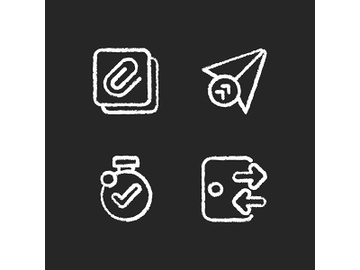 Mobile application interface chalk white icons set on black background preview picture