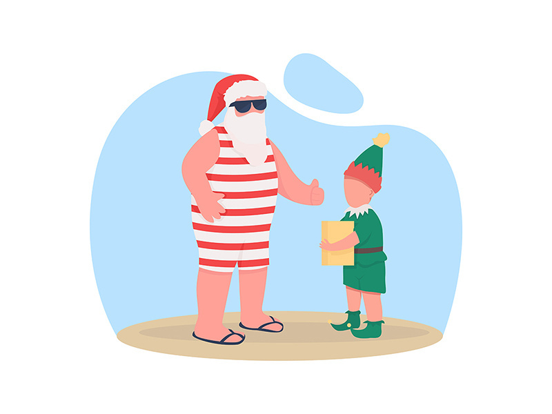 Summer Santa with elf flat color vector faceless characters