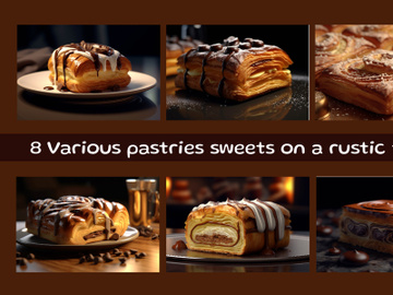 Various pastries sweets on a rustic table preview picture
