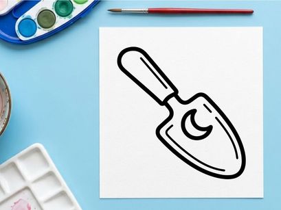 Hand-drawn Halloween shovel icon for spooky designs. Vector-style trick-or-treat candy scoop illustration for seasonal graphics.