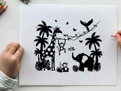 Jungle scene with silhouette animals and tropical plants